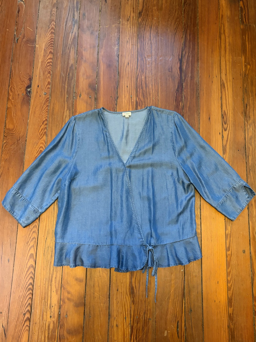 Cremieux Blue Chambray V-Neck Top with Tie Hem